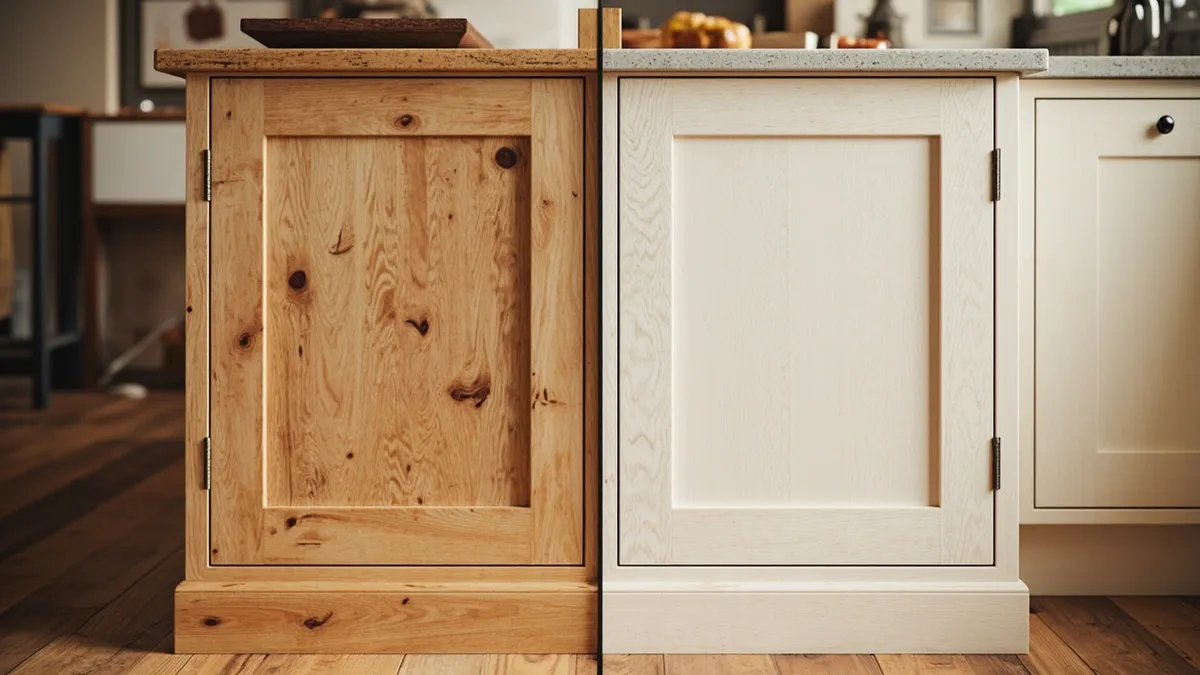 Comparison of a solid wood handmade farmhouse cabinet door with natural grain next to a peeling vinyl-wrapped cabinet door.