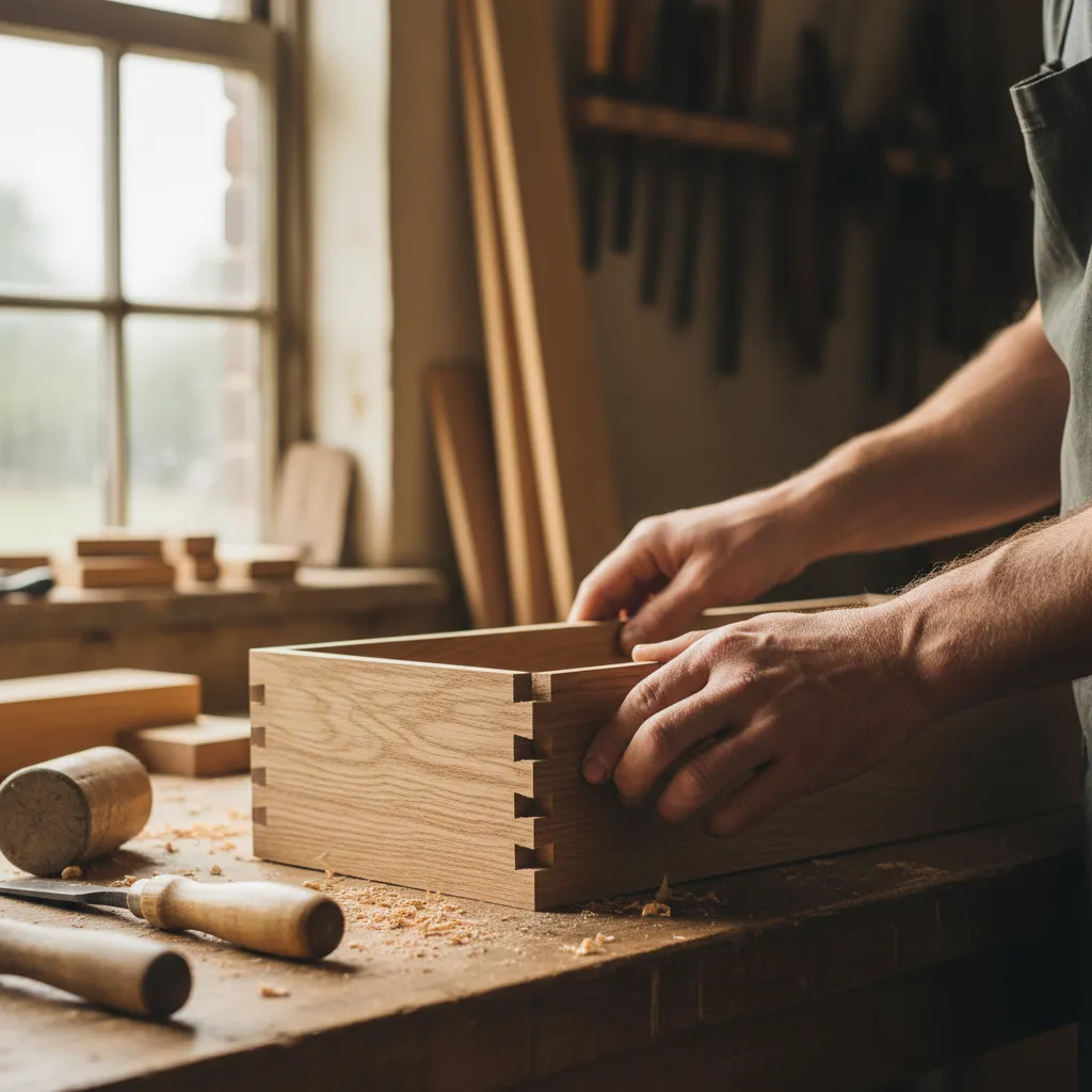 Close-up of hand-cut dovetail joinery on a solid oak drawer box in a workshop