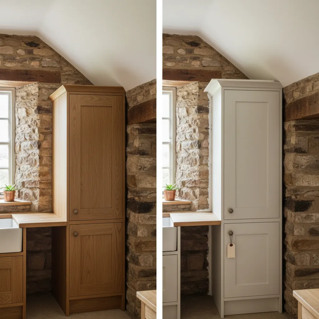 Bespoke kitchen fitted to an uneven wall beside a modular cabinet with filler panels