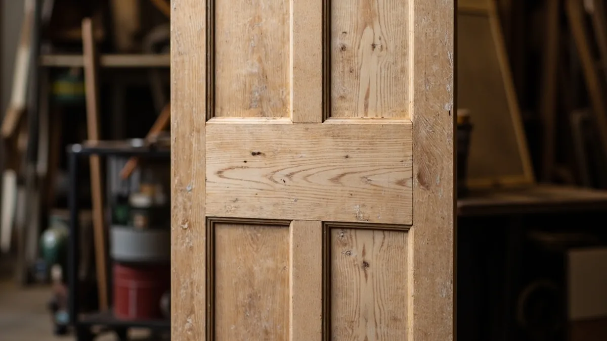 Bare Victorian four-panel pine door showing tall upper and short lower panels divided by a wide mid-rail, stripped to natural timber.