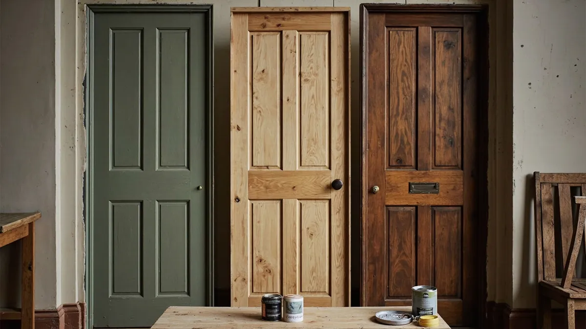 Three restored period doors displayed side by side: painted Victorian, stained Edwardian with glass, and darker 1930s panelled door.