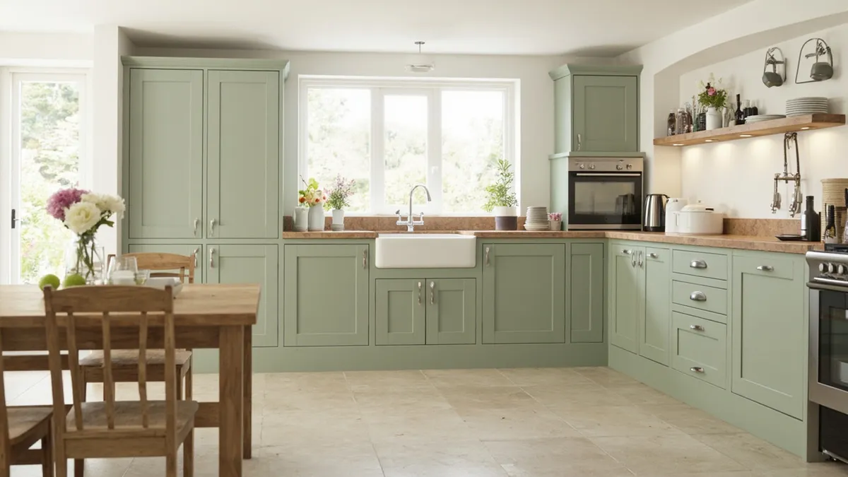 Sage green hand-painted Shaker kitchen with solid timber worktop in a sunlit Yorkshire home