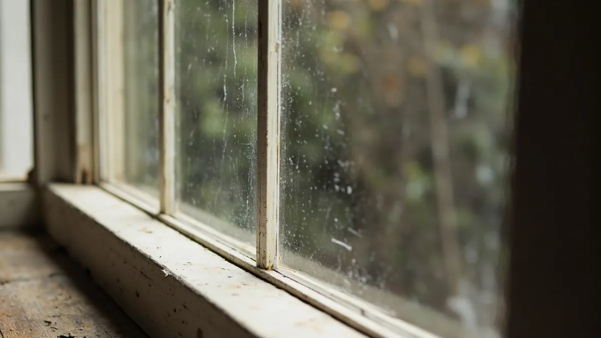 Close-up of a weathered Victorian two-over-two sash window with glazing bars in a painted timber frame.