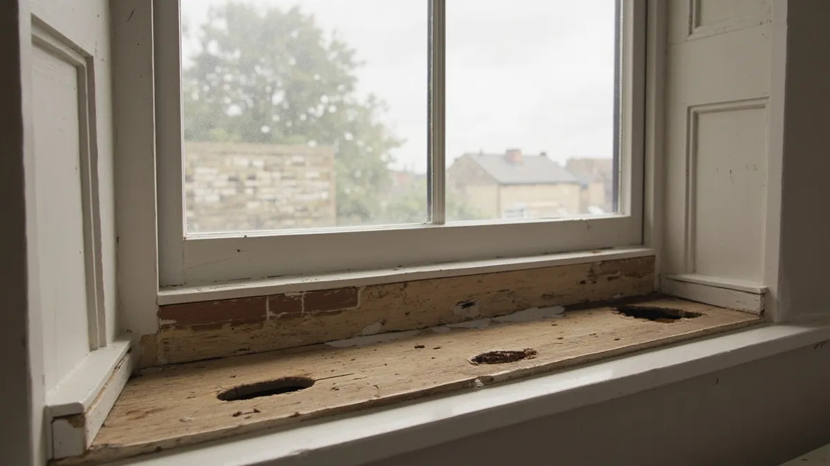 Rotting timber cill on the bottom rail of a sash window in a Yorkshire stone terrace wall.