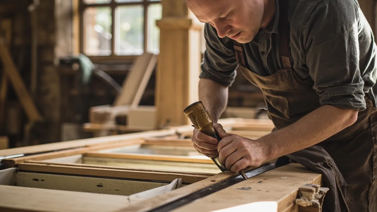 Joiner splicing new timber into the bottom rail of a Victorian sash window with traditional chisels.
