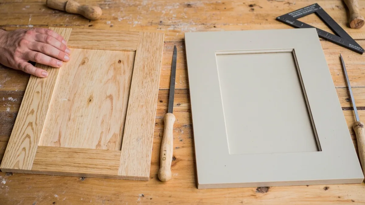 Comparison of a solid oak Shaker door with visible joinery next to a smooth painted MDF door on a workshop bench.