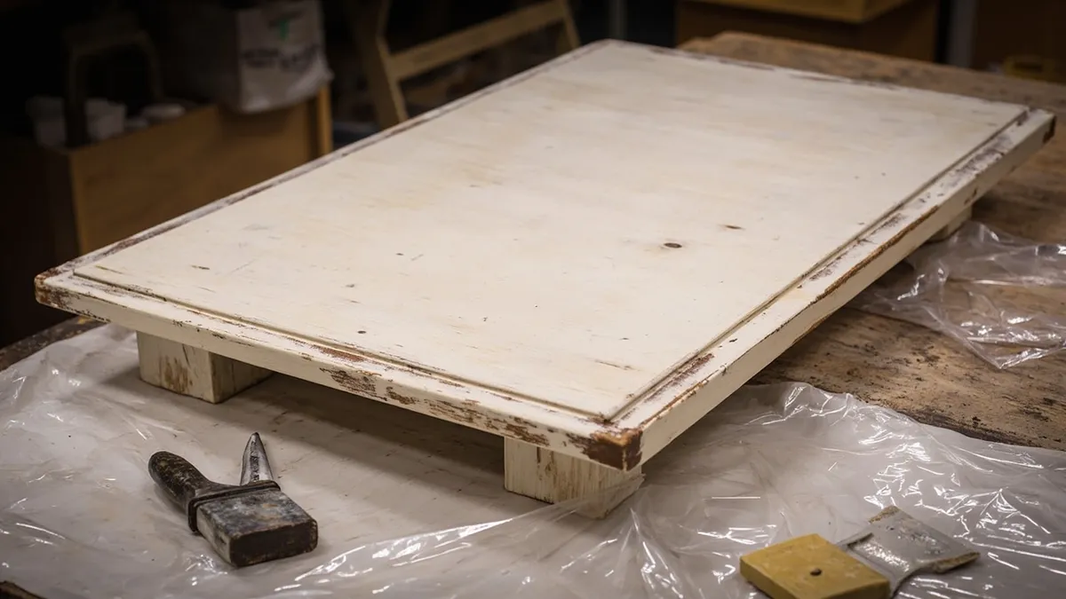 Paste paint stripper brushed onto a pine table, covered with cling film, with scraper and steel wool ready on the bench.
