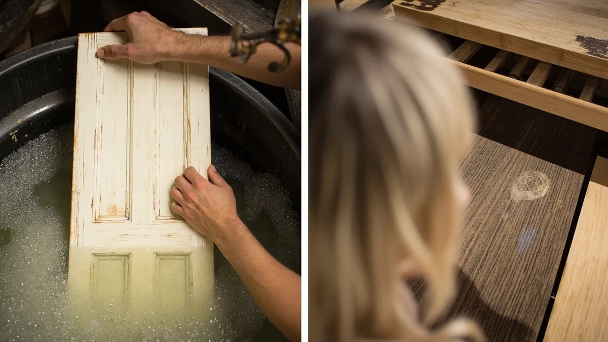 Two doors comparing caustic dipping and hand stripping side by side.