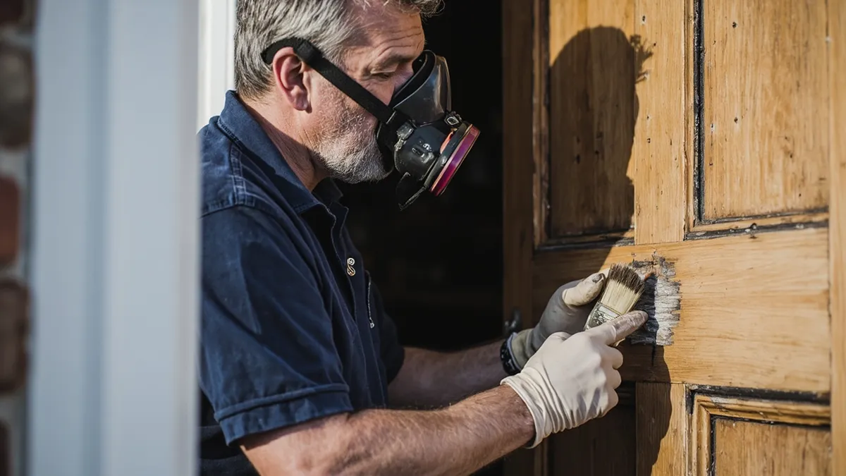 Homeowner safely testing paint stripper on an old front door.
