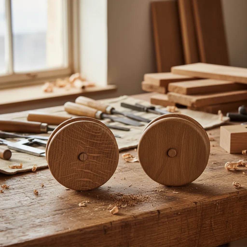 Hand-turned and machine-turned sash window pulleys compared on a workshop bench.