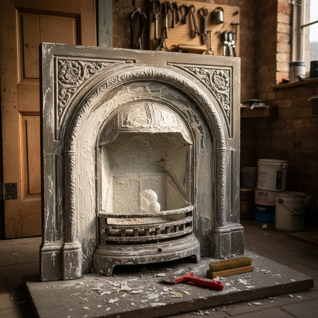 Victorian cast iron fireplace covered in thick white Peel Away paste and laminate paper during paint stripping.