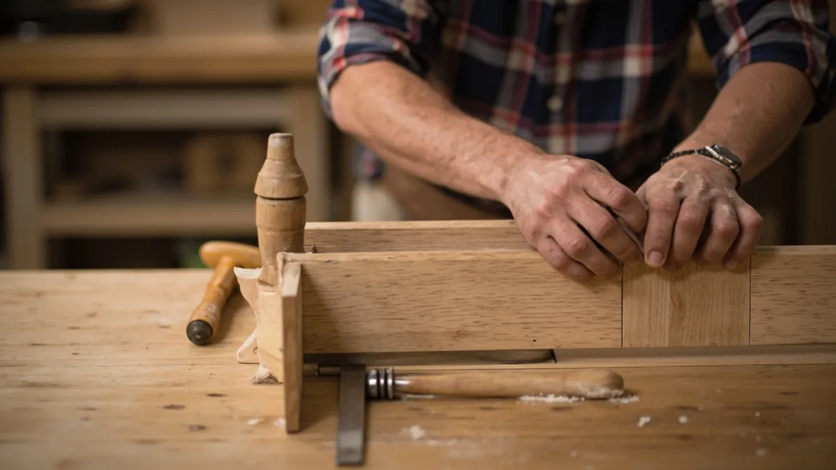 Craftsman fitting a mortise and tenon joint on an oak dining table frame.