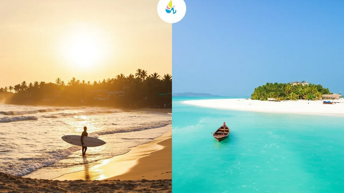 Comparison scene showing Serenity Beach with surf and sunrise on one side and a boat reaching the calm sandbar of Paradise Beach on the other.