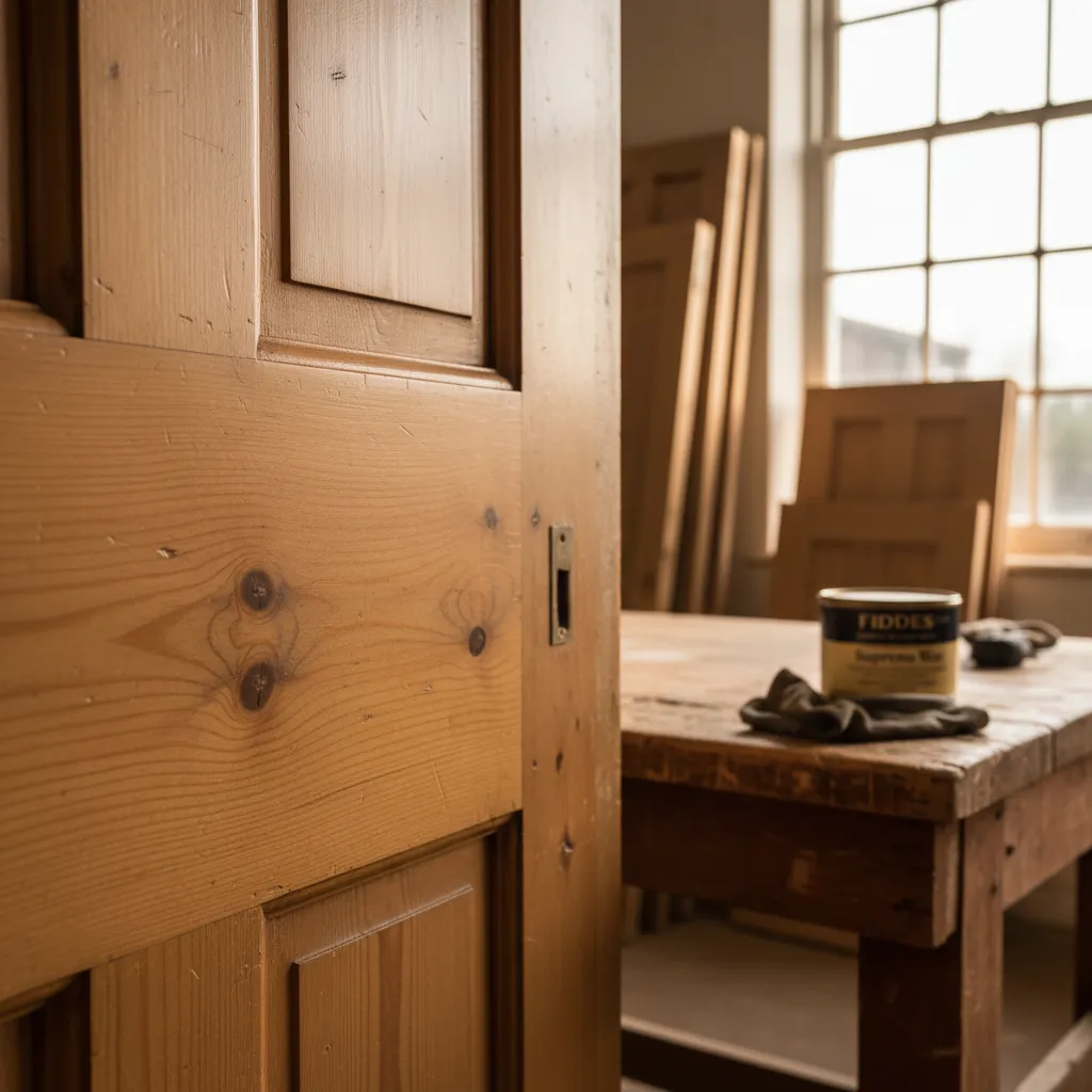 Buffed hard wax oil finish on a stripped reclaimed pine door panel showing warm grain.