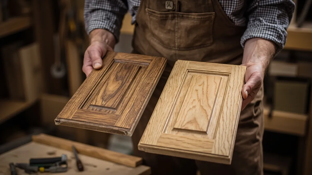 Craftsman comparing two solid oak kitchen doors side by side in a Yorkshire workshop, showing matching grain and finish.