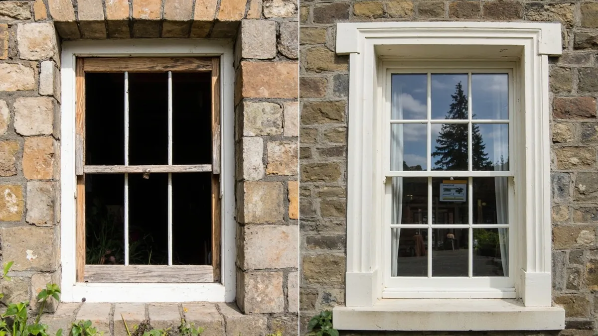 Side-by-side comparison of an original heritage sash window and a newly made matching replacement set into a Georgian facade.