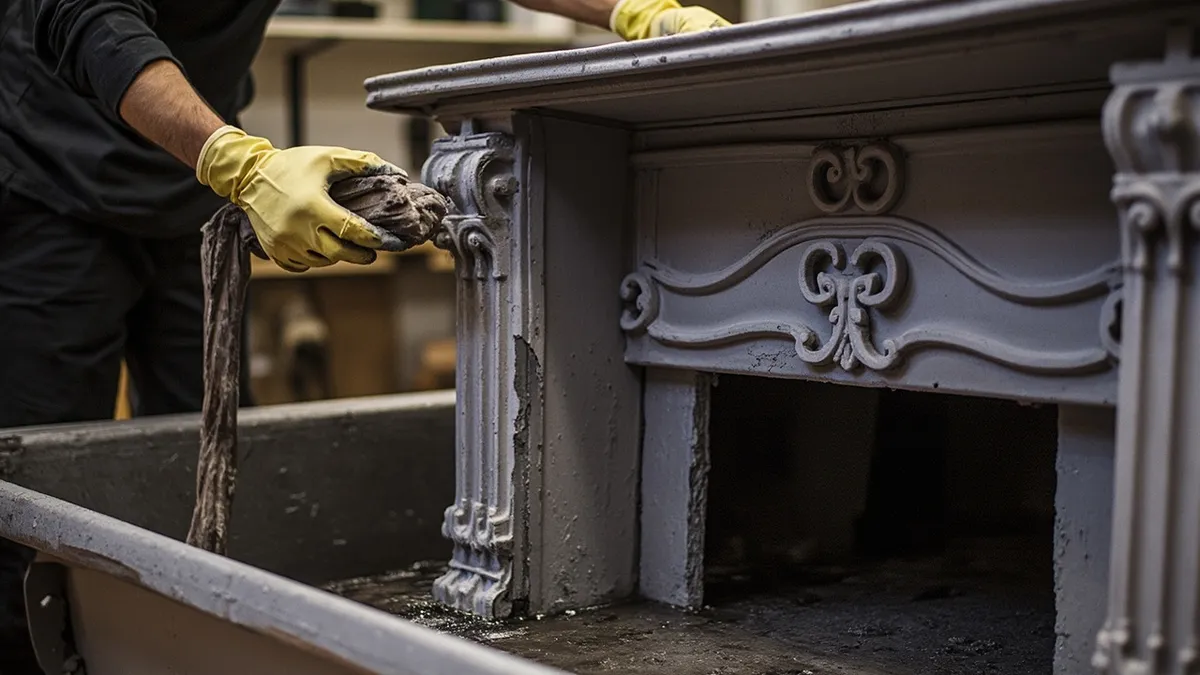 Cast-iron fireplace being lifted from a stripping bath, revealing bare metal beneath layers of old paint.