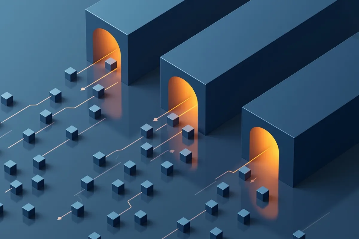 Isometric illustration of three filters narrowing many items down to a few