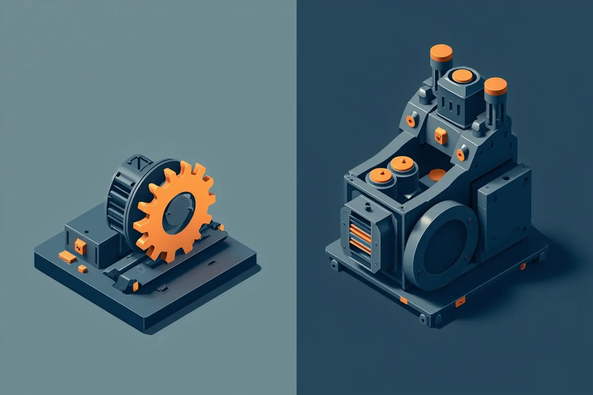 Isometric illustration of a simple mechanical gear beside an elaborate complex machine