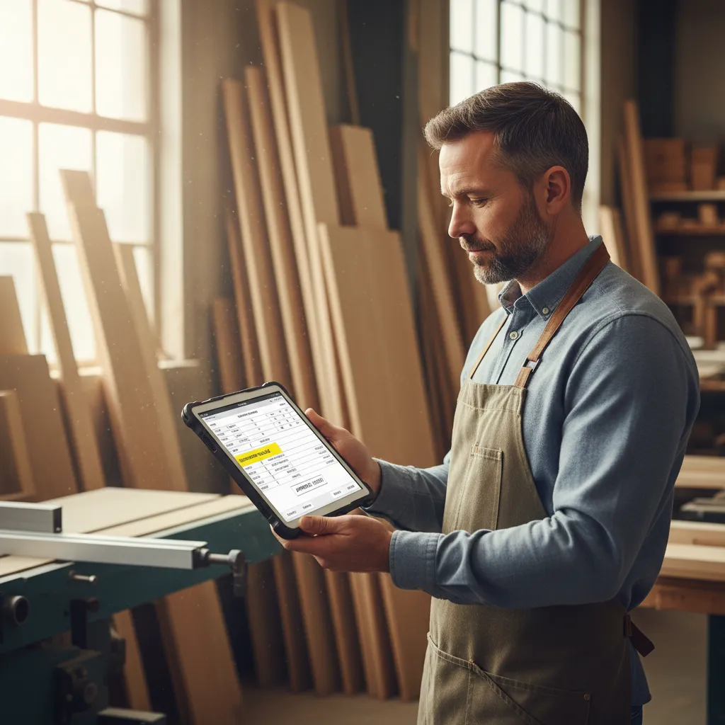 Workshop owner approving a drafted door sheet on a tablet before it is sent to the customer