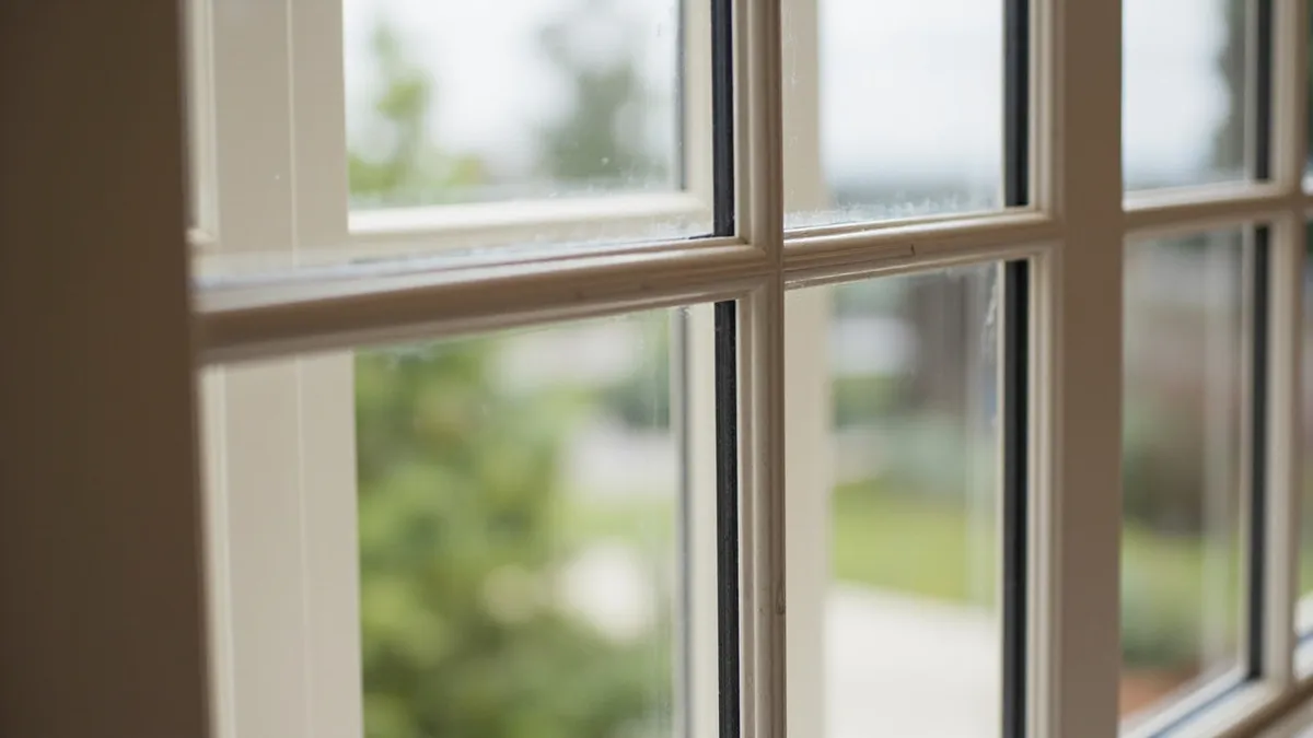 Close-up of Georgian sash window showing thin glazing bars and small panes in a grid