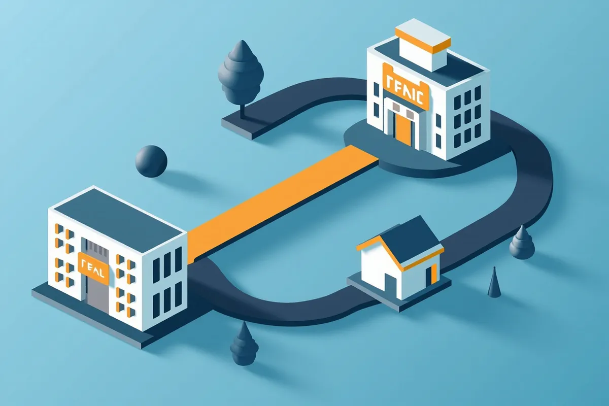 Isometric illustration of three diverging paths leading to different buildings