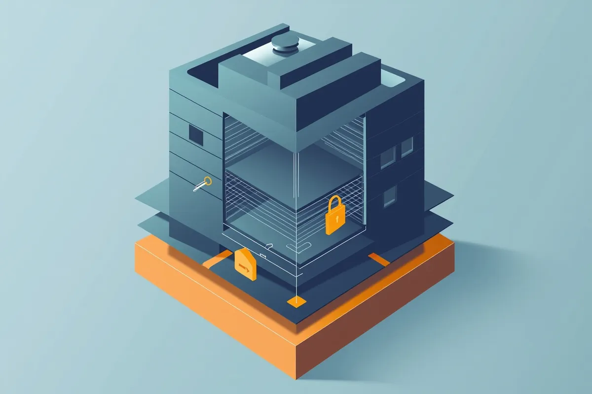 Isometric illustration of a layered building foundation with security elements built in