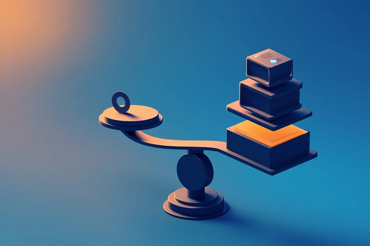 Isometric illustration of balancing scales weighing a small module against a large complex system