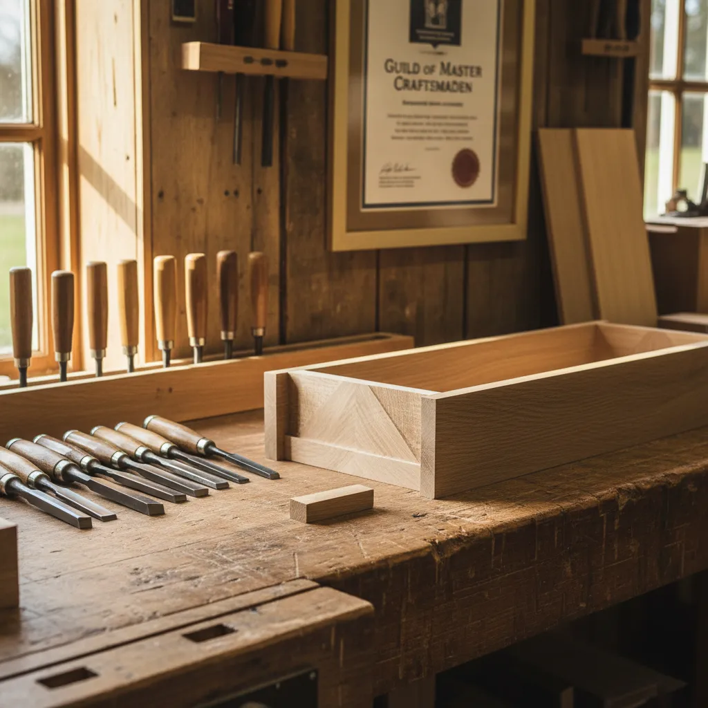 Workshop bench with Guild of Master Craftsmen certificate and hand-cut dovetail joinery in oak.