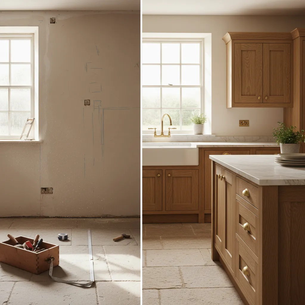 Before-and-after view of a bespoke in-frame shaker kitchen made in a Yorkshire workshop.