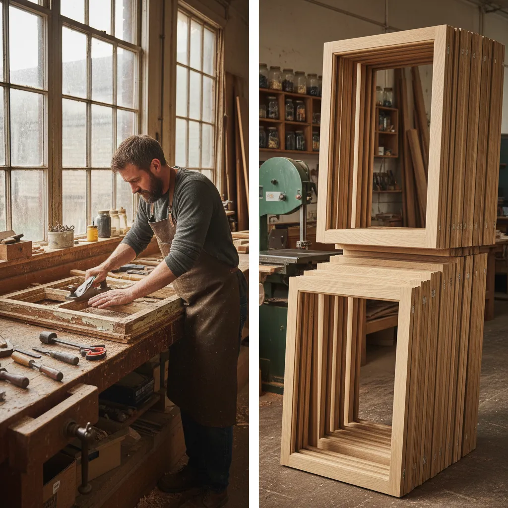 Heritage joiner refurbishing an original sash window beside new replacement frames in a workshop.