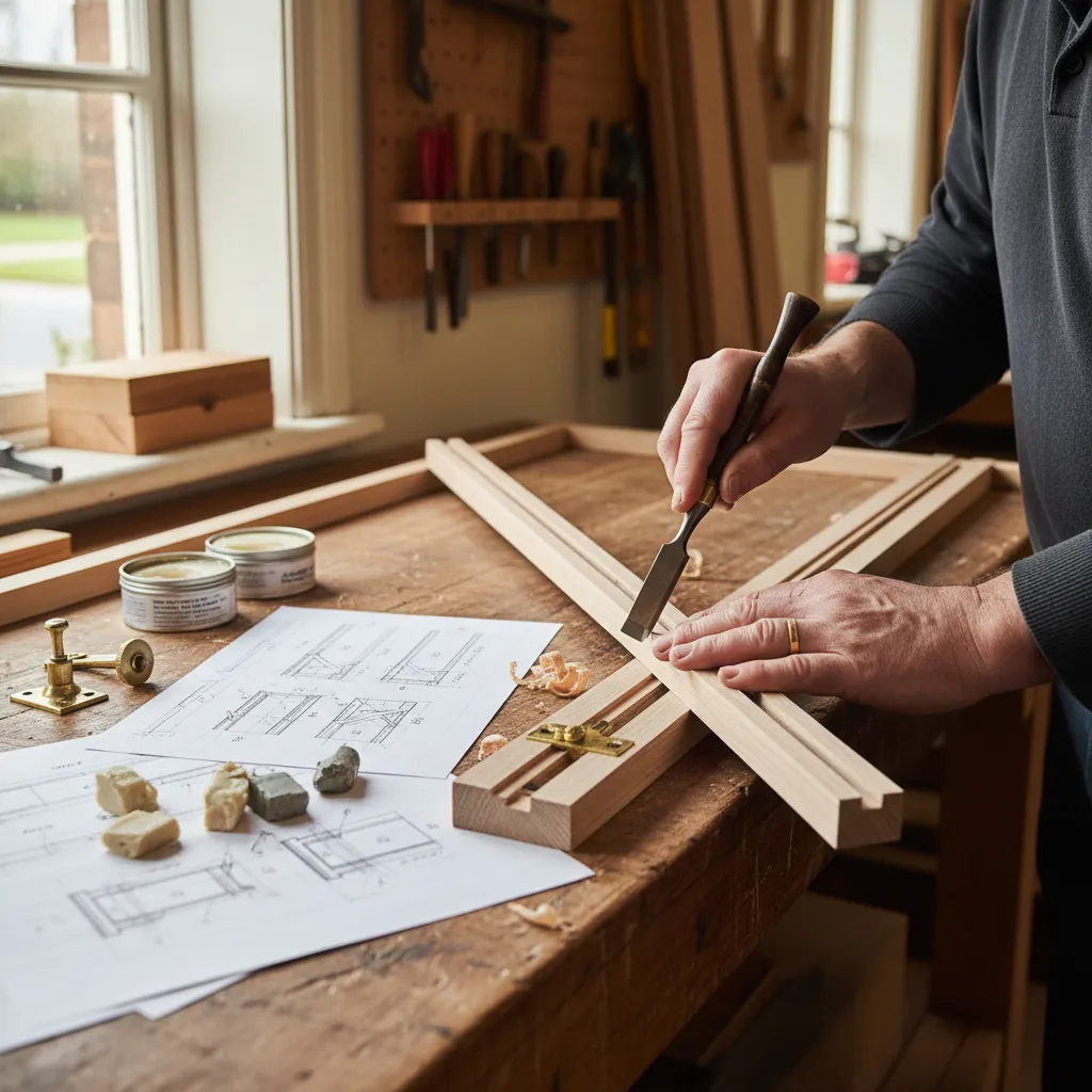 Joiner shaping a glazing bar profile to match original detailing for a listed building sash.