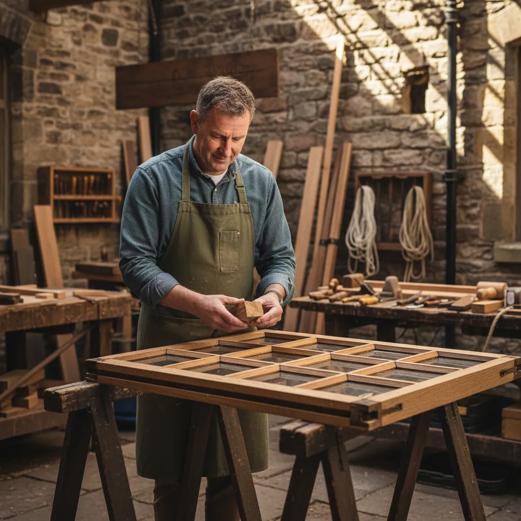 Master joiner inspecting a sash window removed from a listed Georgian townhouse.