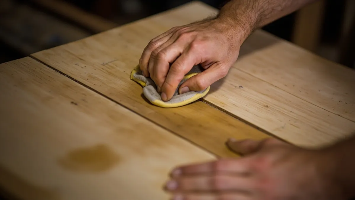 Hands waxing a stripped pine door panel with a soft cloth and steel wool in a Yorkshire workshop.