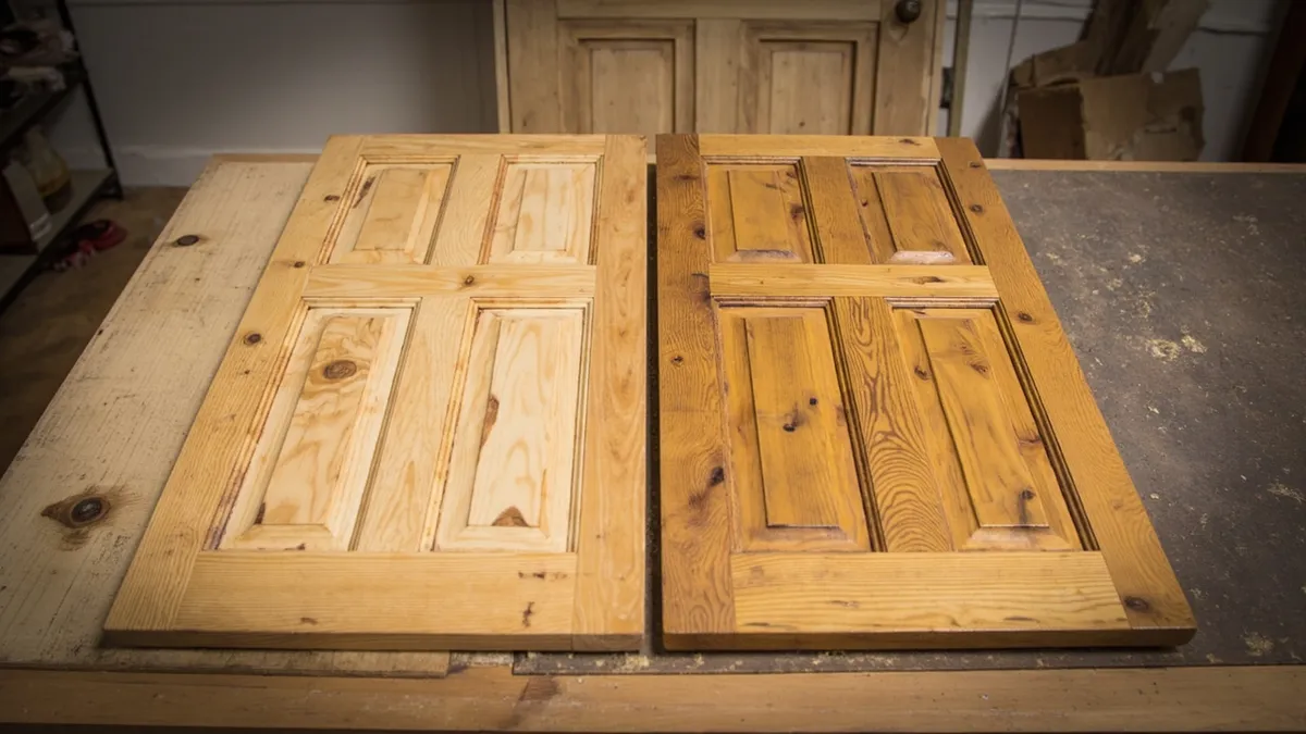 Two stripped pine door samples comparing hardwax oil and traditional wax finishes on a workbench.