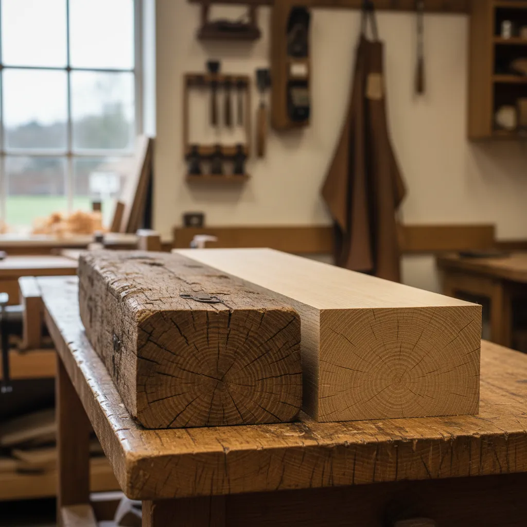 Reclaimed oak beam beside new oak board showing colour, patina, and grain difference.
