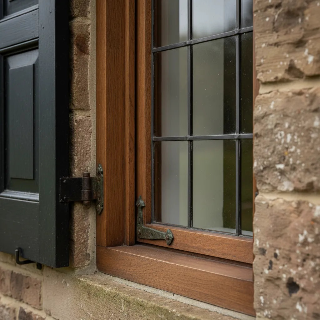 Bronze casement window detail with glazing bars and aged bronze hardware in a stone wall.