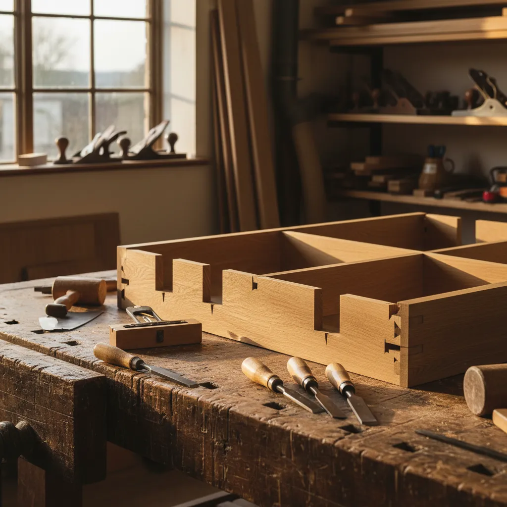 Joinery tools and hand-cut dovetail and mortise-and-tenon joints on a workshop bench.