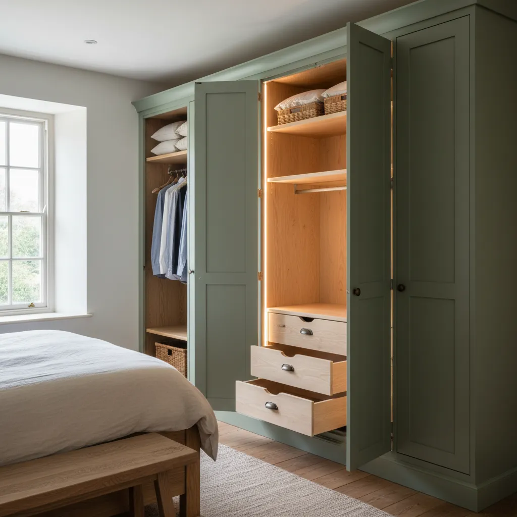 Floor-to-ceiling oak wardrobe with shaker doors, LED lighting, and soft-close hardware.