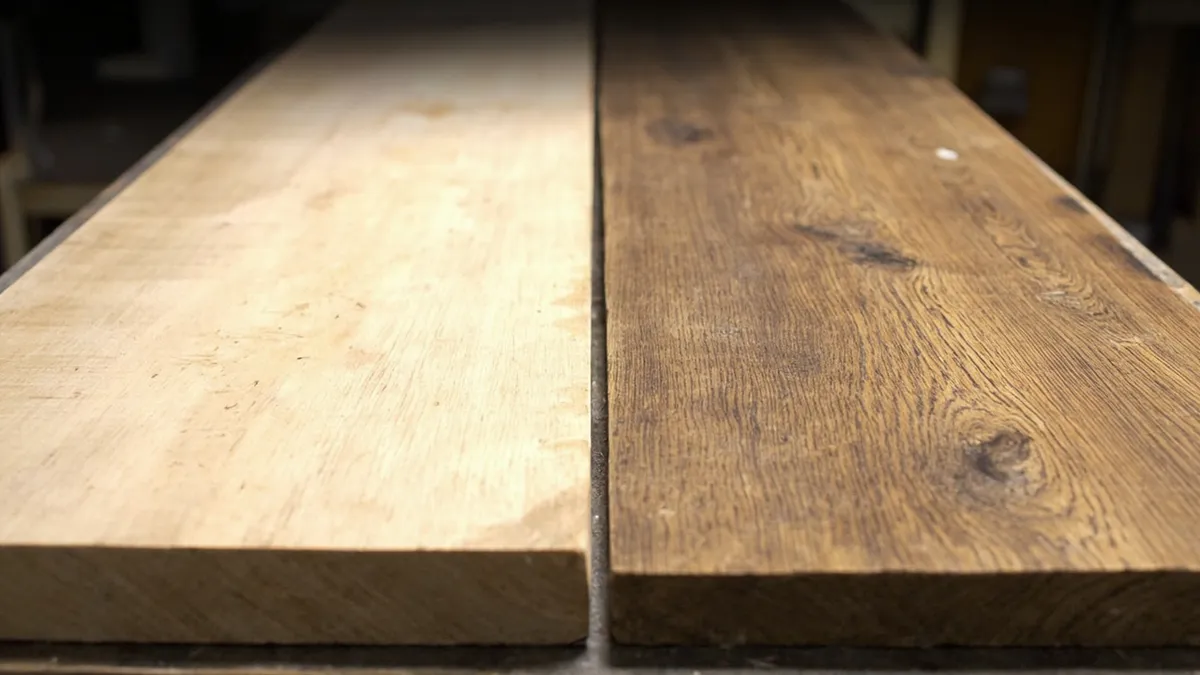 Side-by-side wood samples contrasting the pale closed grain of pine with the heavier open grain of oak on a workshop bench.