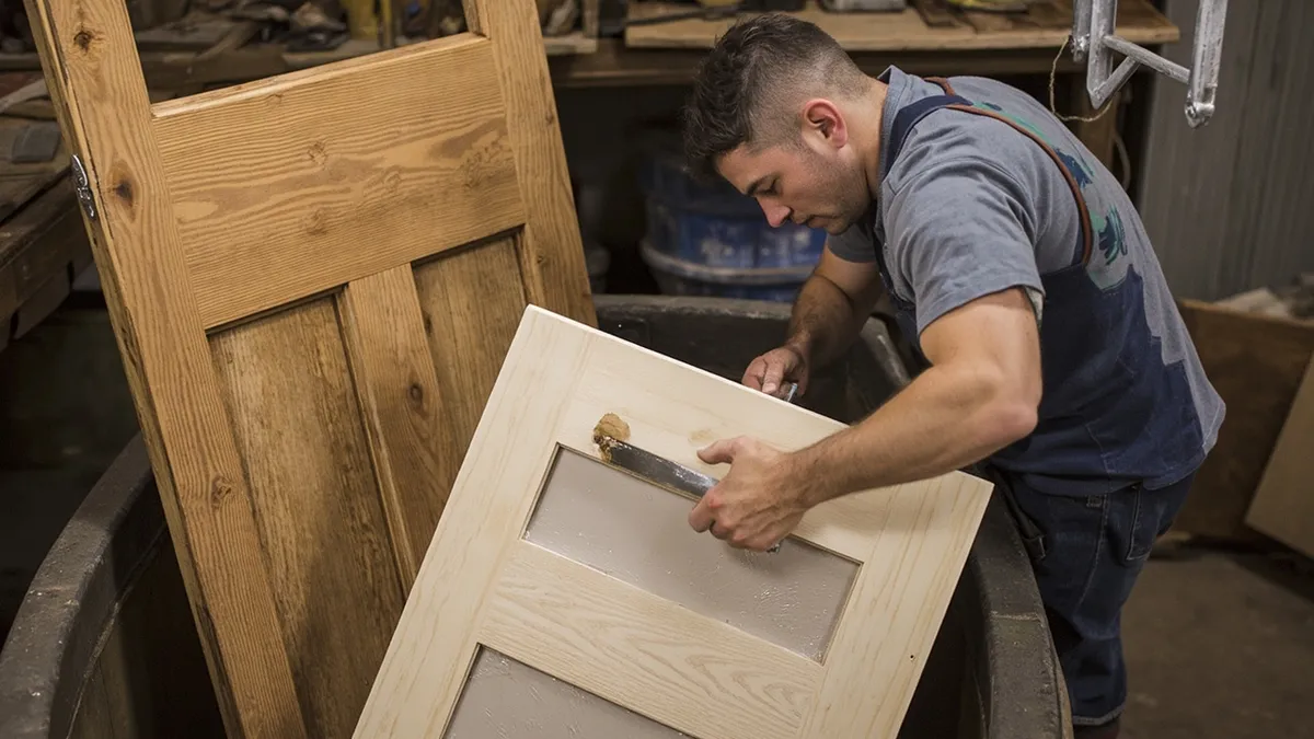Two oak doors in a workshop, one in a dipping tank and another being carefully hand-stripped with a scraper.