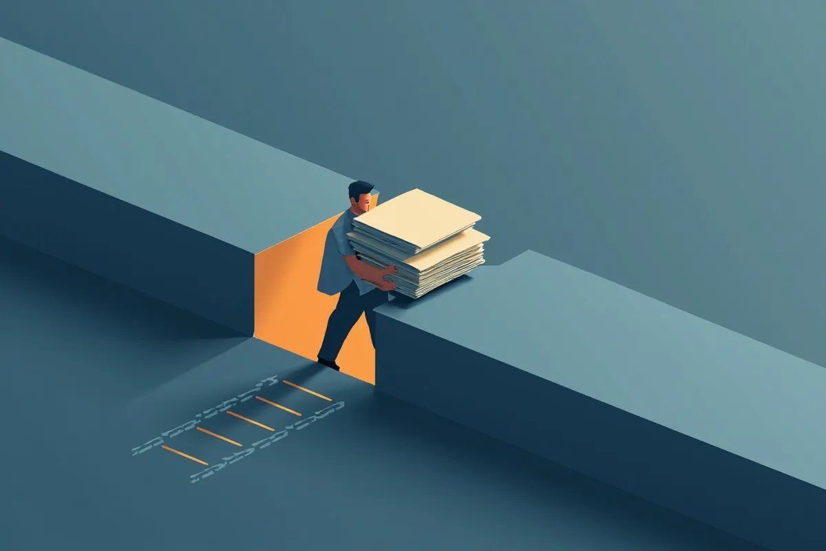 Isometric illustration of a person carrying data between two disconnected systems