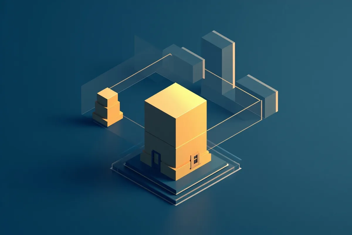 Isometric illustration of a small foundation block with larger structures planned beyond it