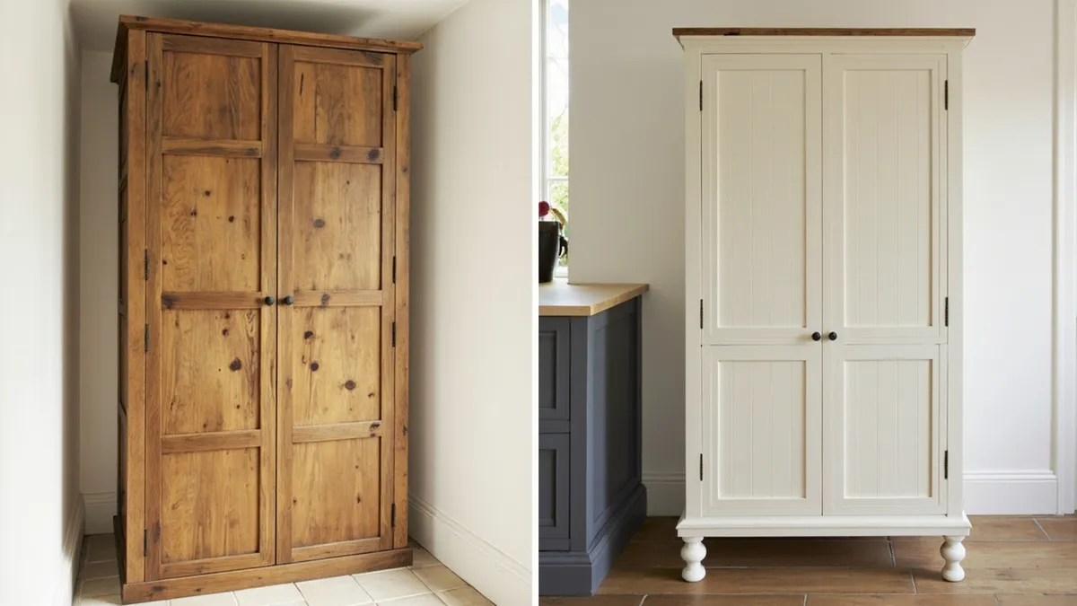 Built-in oak larder fitted into a kitchen alcove beside a freestanding painted pine larder with turned legs in a farmhouse setting.