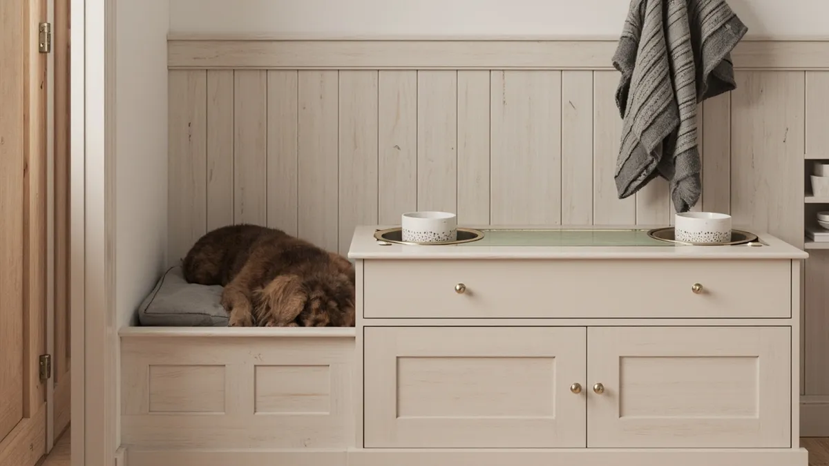 Built-in wooden boot room dog station with bed nook, lead hooks, treat drawer, and raised ceramic bowls.