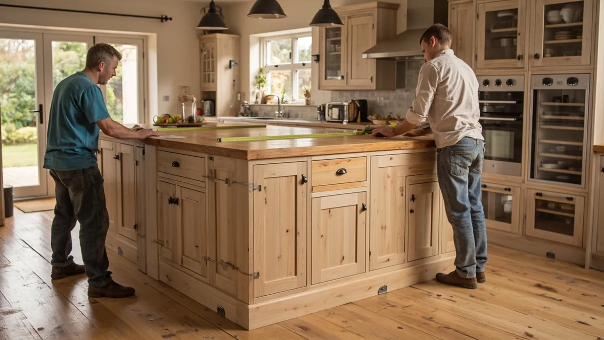 Handcrafted oak kitchen island proportioned for clearance and seating in a traditional Yorkshire kitchen.