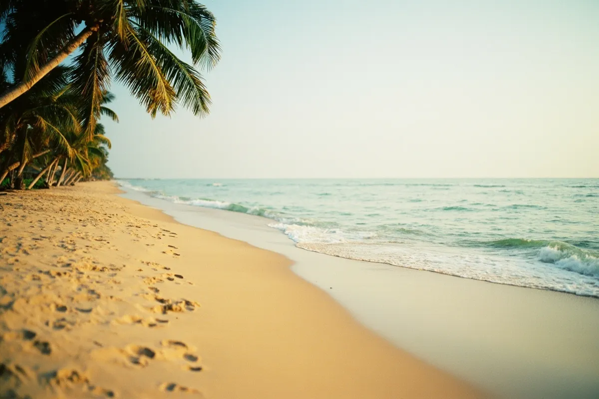 Calm morning sea and empty sandy beach on the Pondicherry coast with palm trees