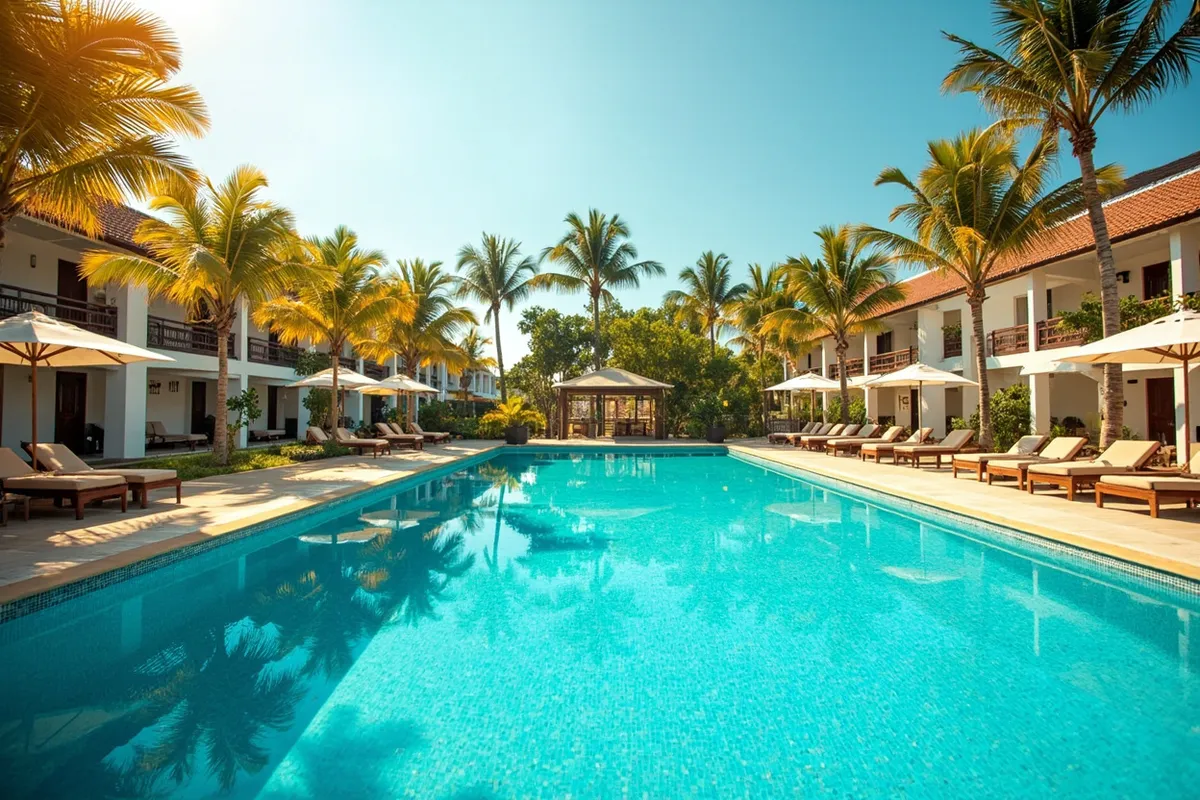 Large swimming pool at a boutique coastal resort surrounded by palms and loungers