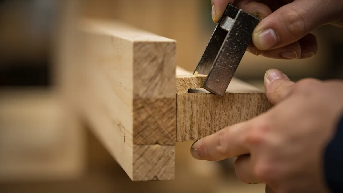 Traditional mortise and tenon joint being fitted together in oak timber.