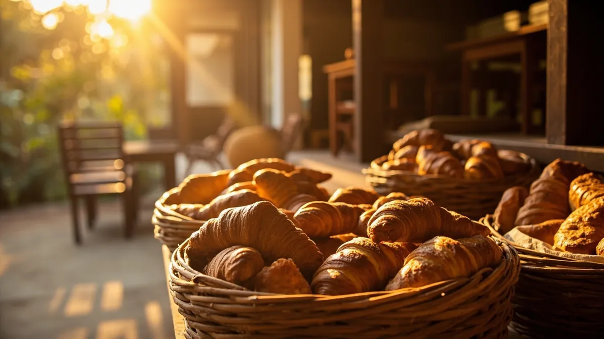 Fresh croissants in baskets at Auroville Bakery on a morning near Kuilapalayam village.